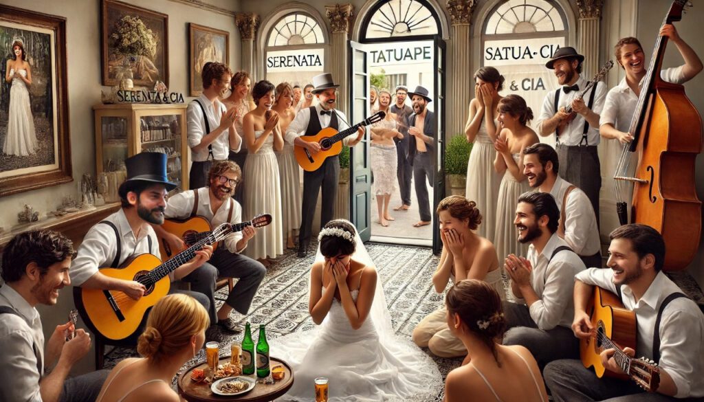 Era uma tarde especial no bairro do Tatuapé. O salão de beleza, de arquitetura encantadora, vibrava com a expectativa do casamento de Rodolfo e Adriana. Denise, irmã do noivo, resolveu surpreender sua futura cunhada enquanto ela se preparava para o grande dia. Cercada por madrinhas e amigas, Adriana se olhava no espelho quando, de repente, acordes suaves começaram a preencher o ambiente. No térreo, o grupo Serenata & Cia entoava melodias marcantes, enquanto no mezanino Adriana, emocionada, recebia a homenagem.